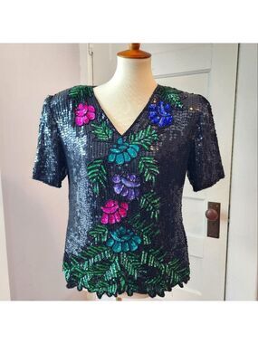 Vintage Stenay Sequin Beaded  Floral Top, Size M